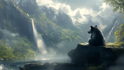 Digital painting of contemplative bear in misty alpine valley.