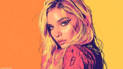 Bold neon portrait of blonde woman on split warm backdrop.