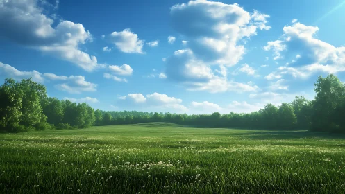 Sunny green meadow under scattered cumulus clouds sky.