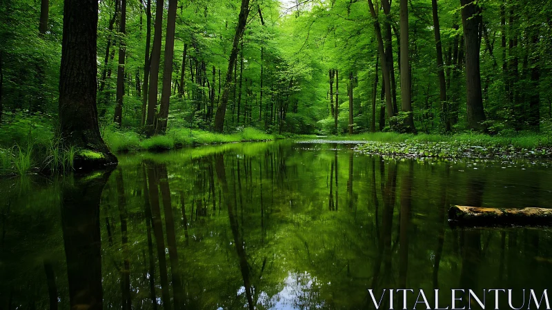 Tranquil Forest Stream with Reflections in Lush Green Woodland.