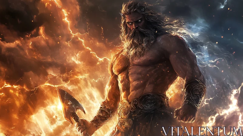 Storm-forged war god strides through fire-split heavens