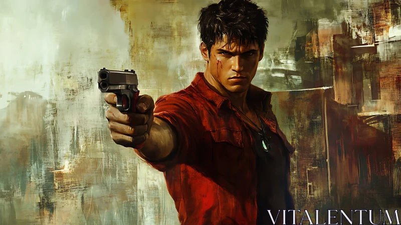 Gun-wielding male figure in red shirt within abstract cityscape.