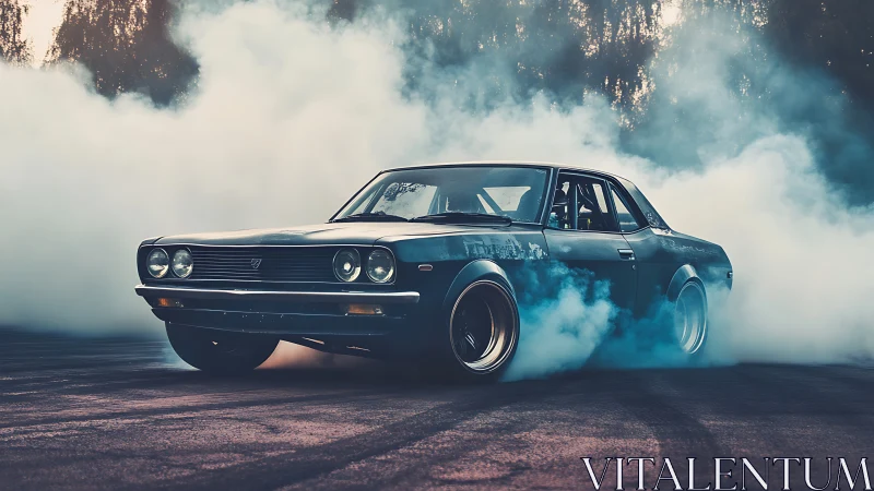 Vintage coupe executing controlled drift on smoke-filled track.