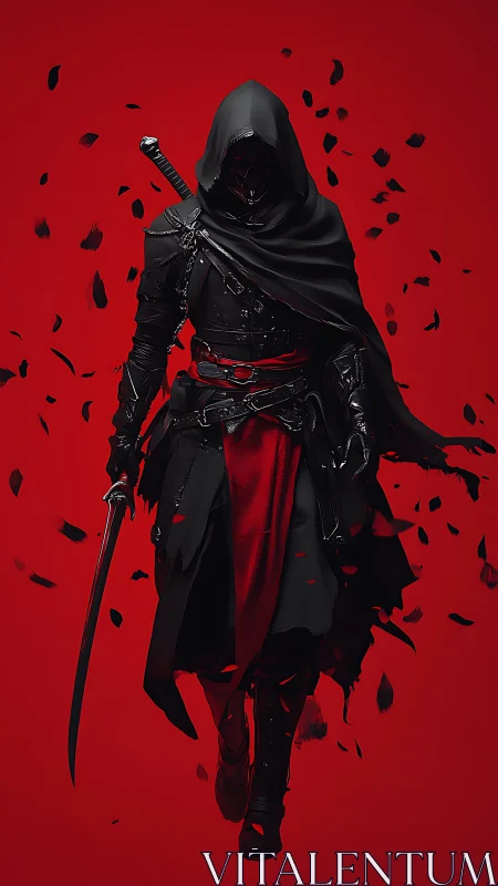 Hooded crimson assassin strides forward through falling petals