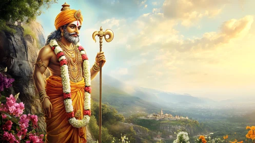 Hindu sage stands over valley temple under radiant sunrise