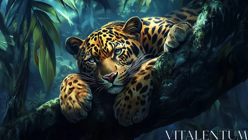 Spotted feline on branch amid dense vegetation with filtered light