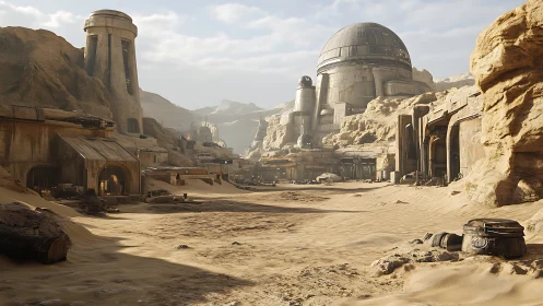Desert outpost with domed fortress and eroded sandstone cliffs.