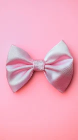 Pink satin bow centered on smooth pastel background.