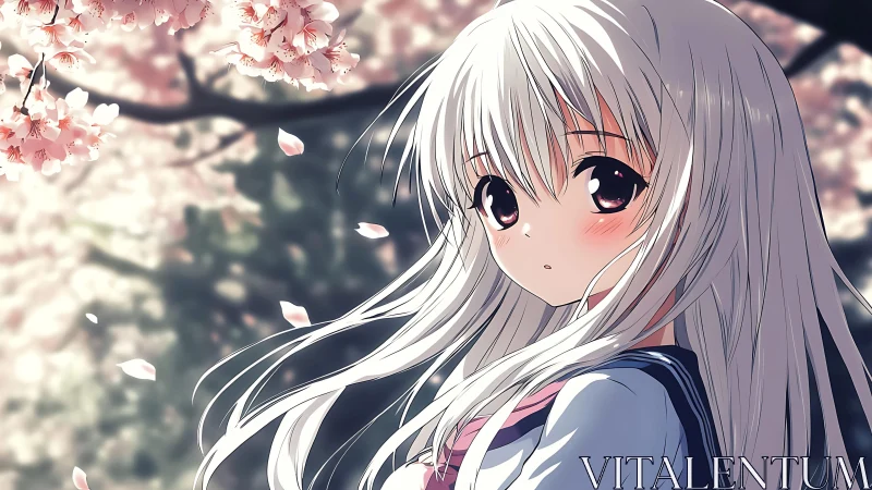 Quiet springtime moment with a shy anime schoolgirl.