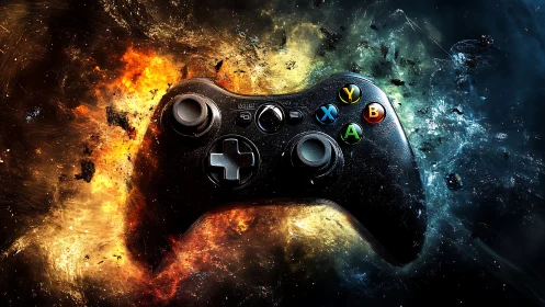 Game controller centered against explosive fire and ice effects