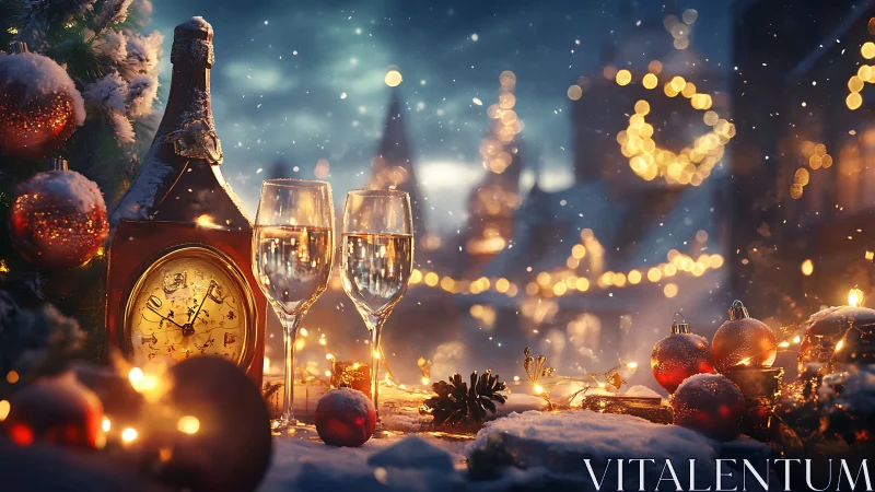 Snowlit New Year still life unites clock, champagne and bokeh