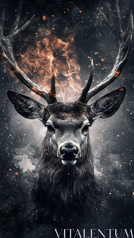 Stag portrait with burning antlers on dark cosmic backdrop.
