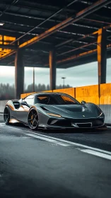 Low-angle grey supercar parked beneath urban overpass
