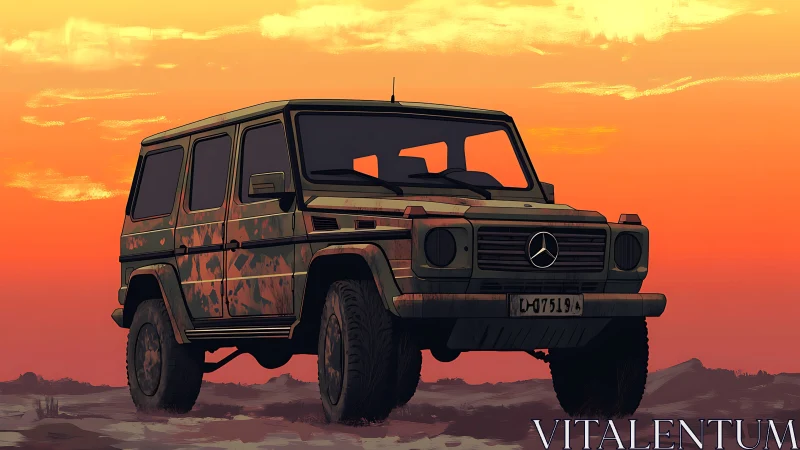 Camo-liveried off-road Mercedes G-class at desert sunset.