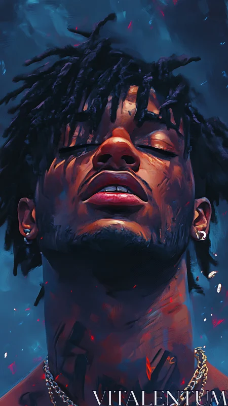 Soulful close up of serene man bathed in glowing color.