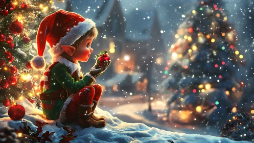 Christmas elf studies ornament under soft bokeh snow lighting