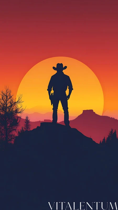 Bold cowboy silhouette welcomes a glowing desert sunset