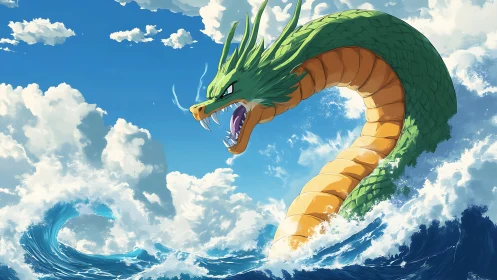 Emerging sea serpent dragon in dynamic foaming ocean waves