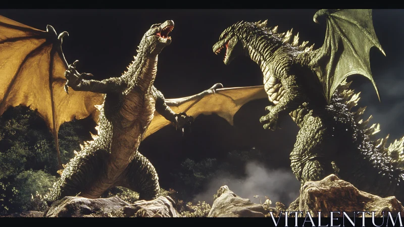 3D cinematic kaiju duel with dramatic backlighting and scale.