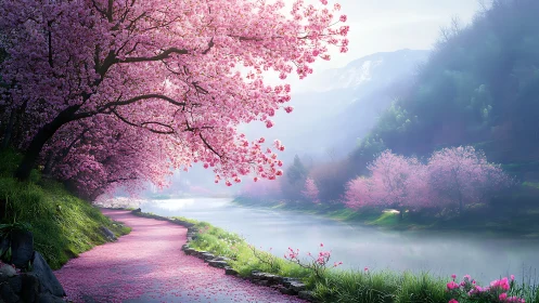 Gentle cherry blossom path curves beside a calm spring river