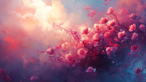 Diffuse light bathes abstract pink blossoms in atmospheric depth