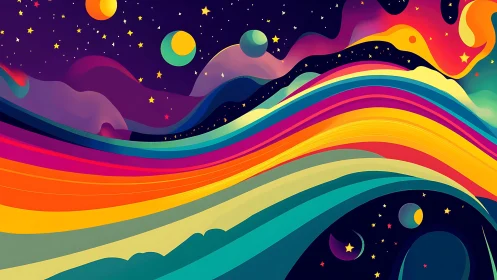 Cosmic rainbow rivers swirl through a neon dreamscape sky.