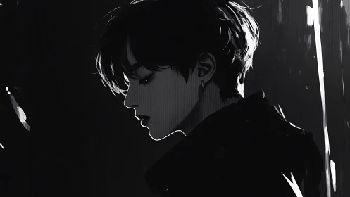 Monochrome side profile of pensive young figure in shadow.