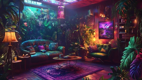 Neon jungle lounging rewrites the rules of cozy living rooms