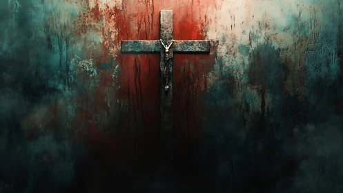 Weathered crucifix against dark stained wall backdrop.