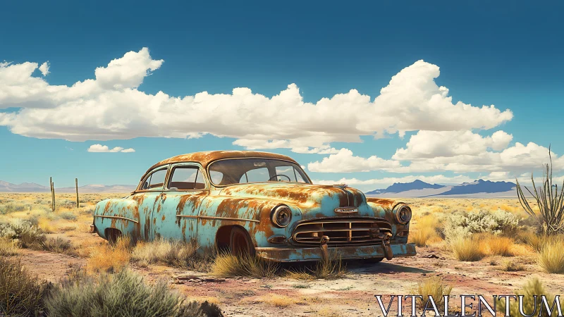 Rusty desert cruiser resting quietly under bright skies.