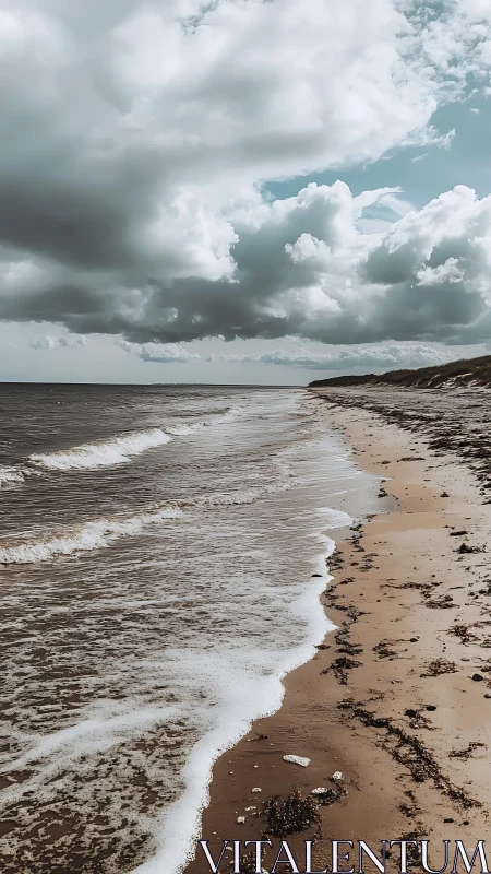 Stormy clouds roll over a quiet windswept shoreline