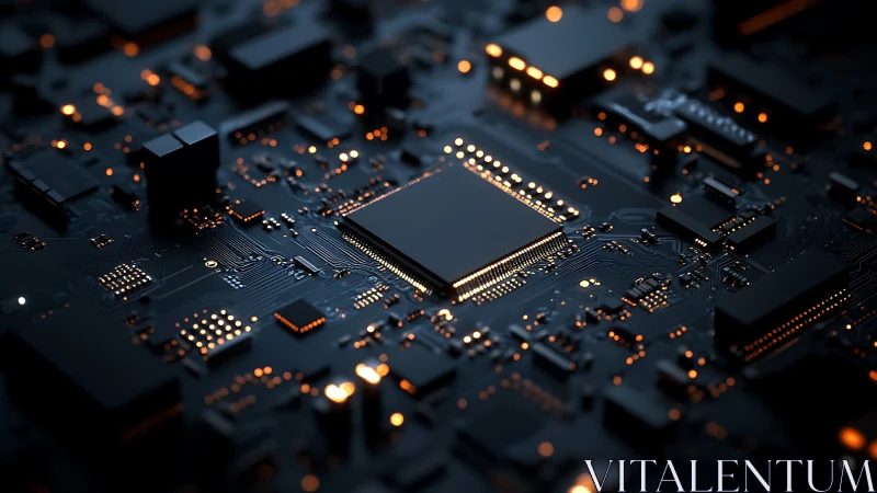 Warm glow of a modern microchip at the heart of a board.