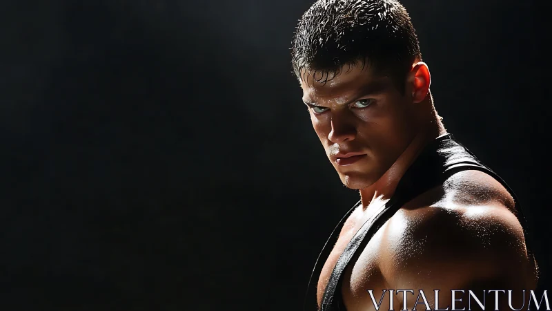 Intense spotlight portrait of muscular athlete in shadowed ring.