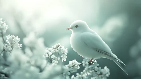White bird perched among pale blooming flowers.