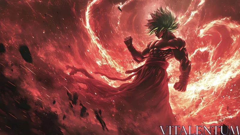 Volcanic aura convergence around hypercharged anime warrior.