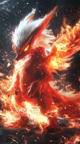 Fiery fox-like creature stands surrounded by intense flames