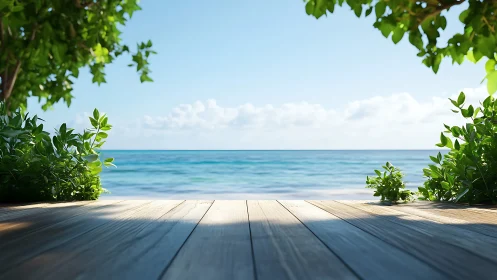 Sunlit wooden deck foreground framing calm tropical shoreline