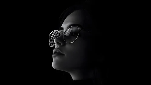 Dramatic black and white portrait of woman in glasses with shadows.