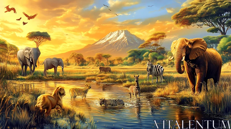 Sunlit savanna wildlife at waterhole before distant peak.