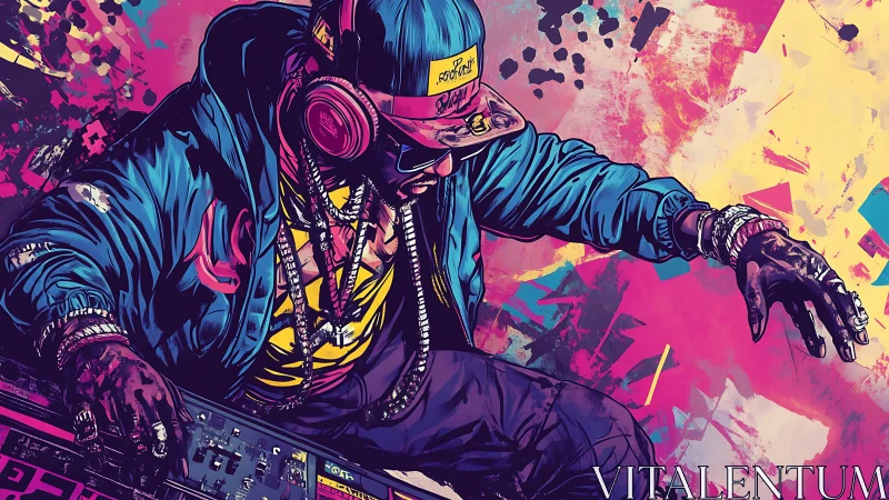 Neon urban DJ mixing deck in dynamic comic street art