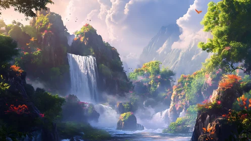 Lush mountain valley with tall central waterfall under clouds