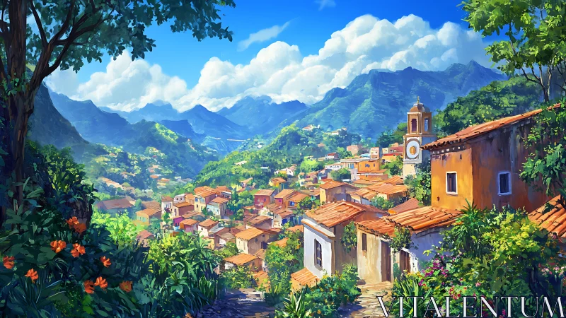 Hillside village landscape is depicted under clear daylight