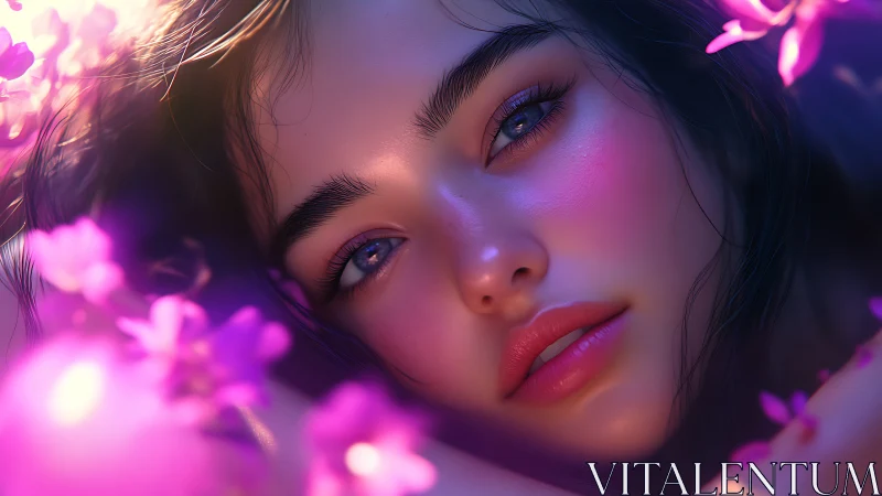 Digital portrait of woman surrounded by soft pink flowers.