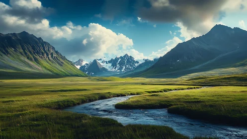 Glacial valley river under cumulus sky and alpine mountain range