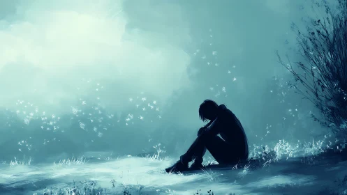 Silhouetted figure sits on ground in blue-toned outdoor scene