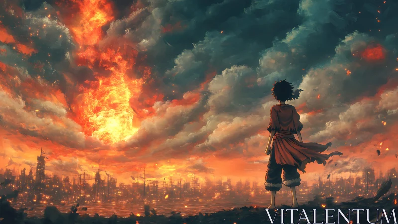 Lone dreamer watching a burning sky over a ruined city.