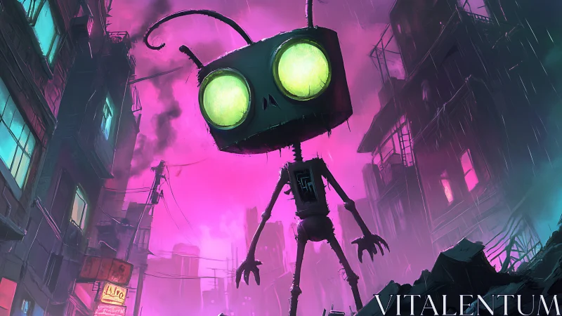 Neon eyed robot explores a rainy, glowing cyberpunk alley
