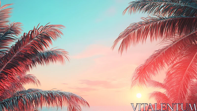 Neon palm canopy at pastel ocean sunset, digital painting.