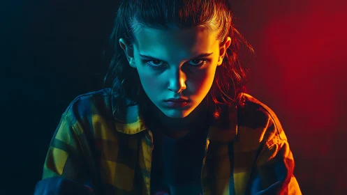 Intense teen portrait under split teal and red lighting period