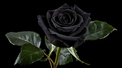 Deep Black Rose With Verdant Foliage Against Achromatic Studio Background
